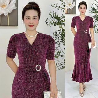 Đầm maxi trung niên ôm body, đuôi cá, dự tiệc sang trọng vải thun nhũ cao cấp đính đá, tặng mẹ co giãn tốt bigsize M679