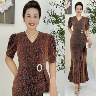 Đầm maxi trung niên ôm body, đuôi cá, dự tiệc sang trọng vải thun nhũ cao cấp đính đá, tặng mẹ co giãn tốt bigsize M679