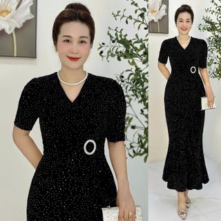 Đầm maxi trung niên ôm body, đuôi cá, dự tiệc sang trọng vải thun nhũ cao cấp đính đá, tặng mẹ co giãn tốt bigsize M679