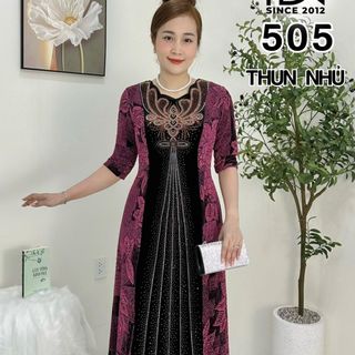 Đầm trung niên dự tiệc sang trọng vải nhũ kim sa tặng mẹ co giãn tốt bigsize 80kg M505 Nữ Voan Women