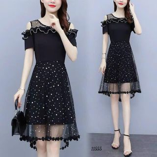 Đầm dự tiệc thiết kế dáng xoè dự tiệc chất liệu umi co giãn phối voan, mềm mại, sang trong,thanh lịch N44