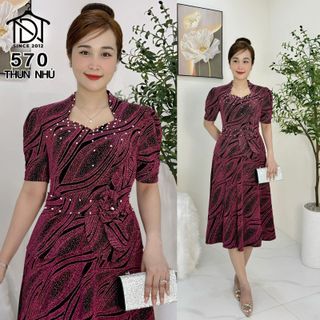 Đầm midi trung niên dự tiệc sang trọng vải kim tuyến nhũ kim sa tặng mẹ co giãn tốt bigsize 75kg M570
