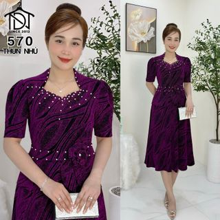 Đầm midi trung niên dự tiệc sang trọng vải kim tuyến nhũ kim sa tặng mẹ co giãn tốt bigsize 75kg M570