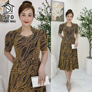 Đầm midi trung niên dự tiệc sang trọng vải kim tuyến nhũ kim sa tặng mẹ co giãn tốt bigsize 75kg M570