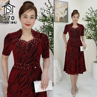 Đầm midi trung niên dự tiệc sang trọng vải kim tuyến nhũ kim sa tặng mẹ co giãn tốt bigsize 75kg M570