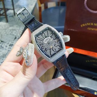 ĐỒNG HỒ NỮ CAO CẤP FRANK MULER DÂY CAO SU BỌC DA ĐEN MẶT XOÀN
