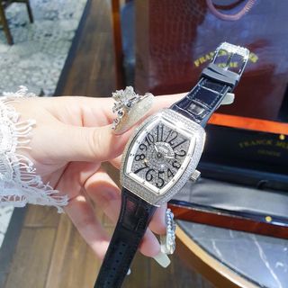 ĐỒNG HỒ NỮ CAO CẤP FRANK MULER DÂY CAO SU BỌC DA ĐEN MẶT XOÀN