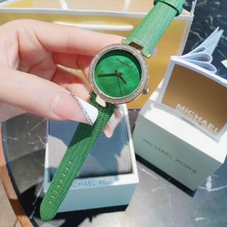 ĐỒNG HỒ NỮ CAO CẤP MICHAEL DÂY DA FULL XANH LÁ VIỀN HỘT VÀNG FULLBOX