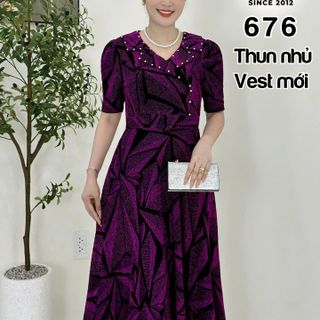 Đầm trung niên dự tiệc sang trọng vải kim tuyến nhũ kim sa đính đá tặng mẹ co giãn tốt bigsize 80kg M676