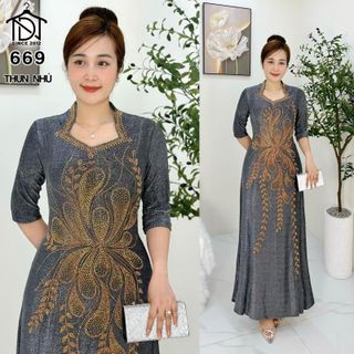 Đầm MAXI trung niên dự tiệc sang trọng vải kim tuyến nhũ kim sa tặng mẹ co giãn tốt bigsize 78kg M669
