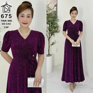 Đầm maxi trung niên dự tiệc sang trọng vải thun nhũ cao cấp đính đá, tặng mẹ co giãn tốt bigsize 80kg M675