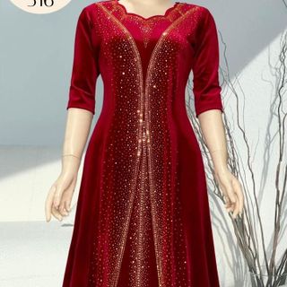 Đầm dạ hội trung niên nhung 2 lớp, đính đá cao cấp, co giãn cực tốt cho mẹ dự tiệc sang trọng bigsize M516 Dress Nữ Women