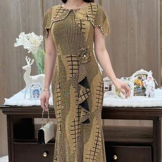 Đầm đuôi cá trung niên dự tiệc - công sở, vải thun nhũ cao cấp đính đá, tặng mẹ co giãn tốt bigsize M689