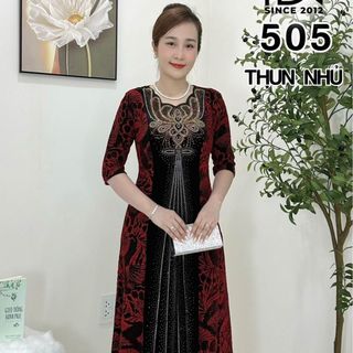 Đầm trung niên dự tiệc sang trọng vải nhũ kim sa tặng mẹ co giãn tốt bigsize 80kg M505 Nữ Voan Women