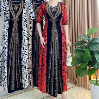 Đầm dạ hội trung niên chất nhũ kim sa phối nhung có lớp lót, đính đá cao câp, co giãn cực tốt cho mẹ dự tiệc sang trọng bigsize cao cấp DN26 Thun Nữ Women Dress