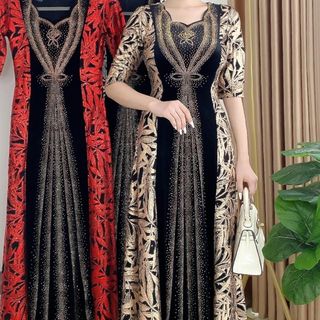 Đầm dạ hội trung niên chất nhũ kim sa phối nhung có lớp lót, đính đá cao câp, co giãn cực tốt cho mẹ dự tiệc sang trọng bigsize cao cấp DN26 Thun Nữ Women Dress