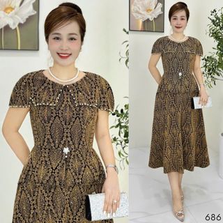 Đầm midi trung niên dự tiệc - công sở, vải thun nhũ cao cấp đính đá, tặng mẹ co giãn tốt bigsize M686