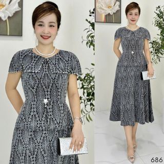 Đầm midi trung niên dự tiệc - công sở, vải thun nhũ cao cấp đính đá, tặng mẹ co giãn tốt bigsize M686