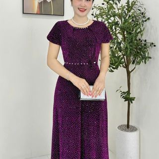Đầm MAXI trung niên dáng chữ A che khuyết điểm, dự tiệc sang trọng vải thun nhũ cao cấp đính đá, tặng mẹ co giãn tốt bigsize M681