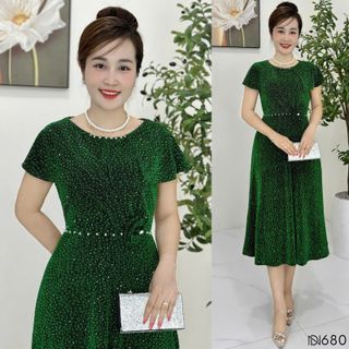 Đầm midi trung niên dáng chữ A che khuyết điểm, dự tiệc sang trọng vải thun nhũ cao cấp đính đá, tặng mẹ co giãn tốt bigsize M680