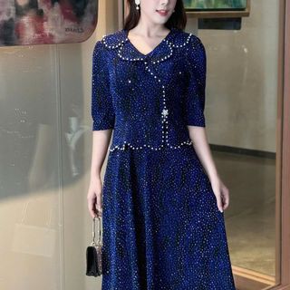 Đầm maxi trung niên dự tiệc - công sở, vải thun nhũ cao cấp đính đá, tặng mẹ co giãn tốt bigsize M695