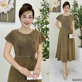 Đầm midi trung niên dáng chữ A che khuyết điểm, dự tiệc sang trọng vải thun nhũ cao cấp đính đá, tặng mẹ co giãn tốt bigsize M680