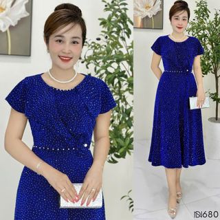 Đầm midi trung niên dáng chữ A che khuyết điểm, dự tiệc sang trọng vải thun nhũ cao cấp đính đá, tặng mẹ co giãn tốt bigsize M680