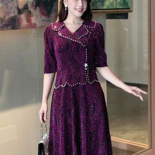 Đầm maxi trung niên dự tiệc - công sở, vải thun nhũ cao cấp đính đá, tặng mẹ co giãn tốt bigsize M695