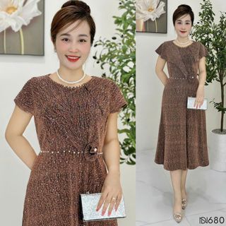 Đầm midi trung niên dáng chữ A che khuyết điểm, dự tiệc sang trọng vải thun nhũ cao cấp đính đá, tặng mẹ co giãn tốt bigsize M680