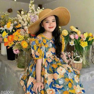 Đầm Công Chúa Hoa Phong Cách Hàn Quốc Thời Trang Mùa Hè Cho Bé Gái, đính bèo tay lạ mắt,chất liệu Lụa hàn mềm mại - VAY2