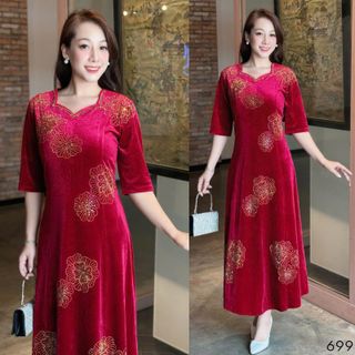 Đầm MAXI trung niên dự tiệc sang trọng vải nhung cao cấp đính đá, tặng mẹ co giãn tốt bigsize 75kg - M699