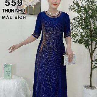 Đầm maxi trung niên dự tiệc sang trọng vải thun nhũ cao cấp đính đá, tặng mẹ co giãn tốt bigsize 75kg M559