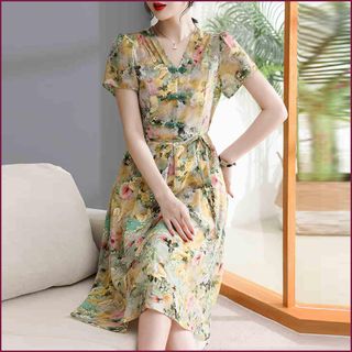 Đầm lụa hoa sang trọng cho mẹ bigsize thiết kế dáng xòe đẹp cao cấp dự tiệc P07