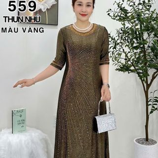 Đầm maxi trung niên dự tiệc sang trọng vải thun nhũ cao cấp đính đá, tặng mẹ co giãn tốt bigsize 75kg M559