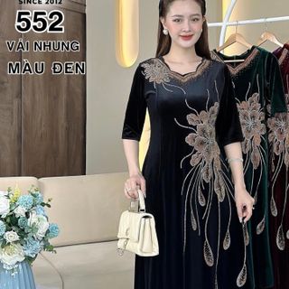 Đầm MAXI trung niên dự tiệc sang trọng vải nhung cao cấp đính đá, tặng mẹ co giãn tốt bigsize 75kg M552
