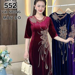 Đầm MAXI trung niên dự tiệc sang trọng vải nhung cao cấp đính đá, tặng mẹ co giãn tốt bigsize 75kg M552