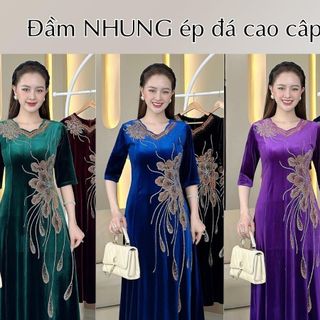 Đầm MAXI trung niên dự tiệc sang trọng vải nhung cao cấp đính đá, tặng mẹ co giãn tốt bigsize 75kg M552