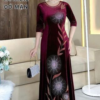 Đầm MAXI trung niên dự tiệc sang trọng vải nhung đính đá cao cấp tặng mẹ co giãn tốt bigsize 75kg M539