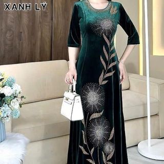Đầm MAXI trung niên dự tiệc sang trọng vải nhung đính đá cao cấp tặng mẹ co giãn tốt bigsize 75kg M539