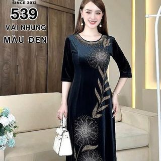 Đầm MAXI trung niên dự tiệc sang trọng vải nhung đính đá cao cấp tặng mẹ co giãn tốt bigsize 75kg M539
