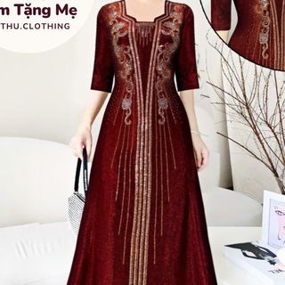 Đầm midi trung niên dự tiệc sang trọng vải nhũ ánh kim cao cấp tặng mẹ co giãn tốt bigsize 80kg M528 Nữ Dress Kim Tuyến