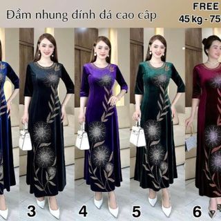 Đầm MAXI trung niên dự tiệc sang trọng vải nhung đính đá cao cấp tặng mẹ co giãn tốt bigsize 75kg M539