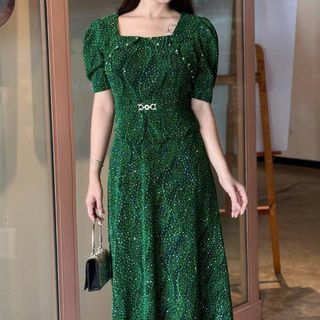 Đầm maxi trung niên dự tiệc - công sở, vải thun nhũ cao cấp đính đá, dáng peplum, tặng mẹ co giãn tốt bigsize M693