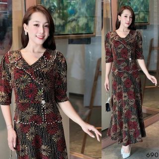Đầm maxi trung niên dự tiệc - công sở, vải thun nhũ cao cấp đính đá, tặng mẹ co giãn tốt bigsize M690