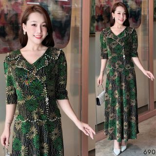 Đầm maxi trung niên  dự tiệc - công sở, vải thun nhũ cao cấp đính đá, tặng mẹ co giãn tốt bigsize M690