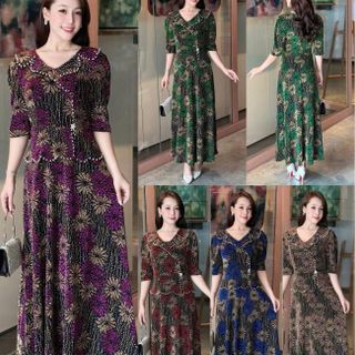 Đầm maxi trung niên dự tiệc - công sở, vải thun nhũ cao cấp đính đá, tặng mẹ co giãn tốt bigsize M690
