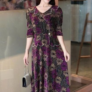 Đầm maxi trung niên dự tiệc - công sở, vải thun nhũ cao cấp đính đá, tặng mẹ co giãn tốt bigsize M690