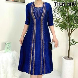 Đầm trung niên dự tiệc sang trọng vải nhũ cao cấp đính đá, tặng mẹ co giãn tốt bigsize 80kg M508 Nữ Nhung Women Dress