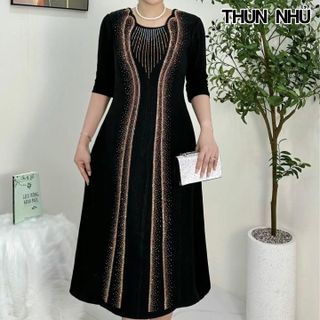 Đầm trung niên dự tiệc sang trọng vải nhũ cao cấp đính đá, tặng mẹ co giãn tốt bigsize 80kg M508 Nữ Nhung Women Dress