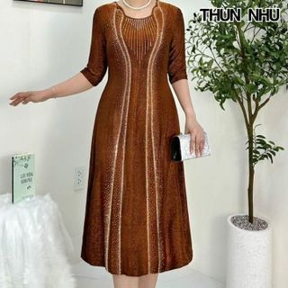 Đầm trung niên dự tiệc sang trọng vải nhũ cao cấp đính đá, tặng mẹ co giãn tốt bigsize 80kg M508 Nữ Nhung Women Dress